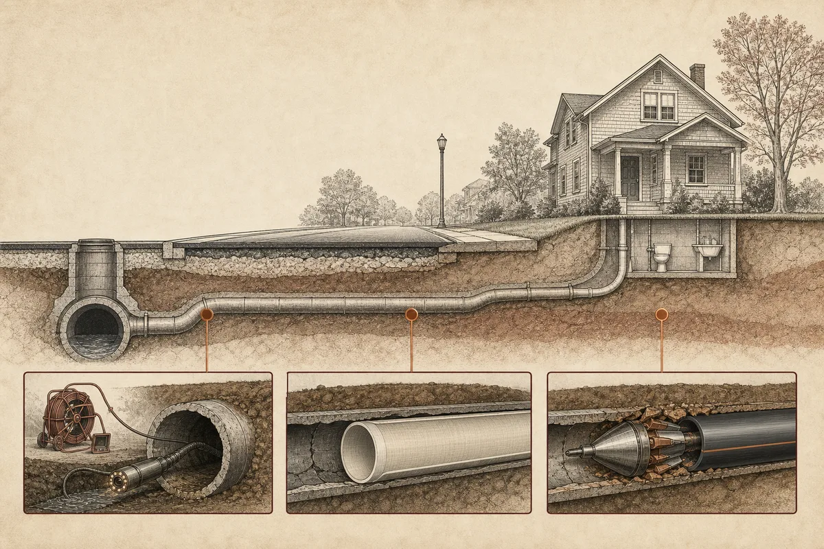 Technical cross-section comparing sewer camera inspection, CIPP lining, and pipe bursting