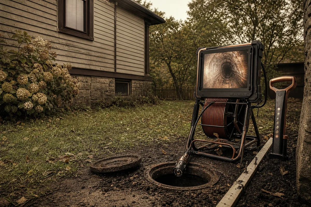 Sewer camera station beside an older Amherst-area house